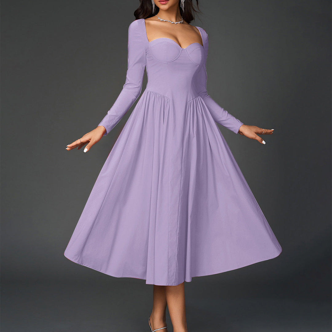 LOE™ - Elegant Heart Neckline Long Sleeve A-Line Maxi Dress