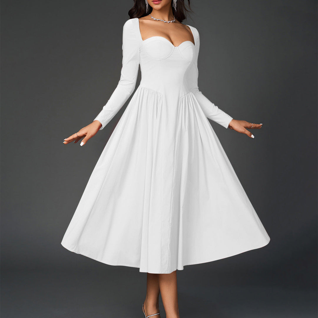 LOE™ - Elegant Heart Neckline Long Sleeve A-Line Maxi Dress