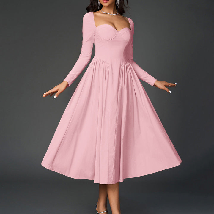 LOE™ - Elegant Heart Neckline Long Sleeve A-Line Maxi Dress