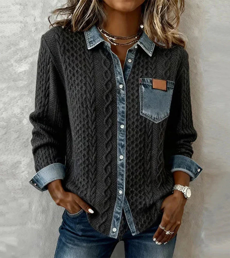 AMBER™ | Patchwork Knit Top with Denim Details