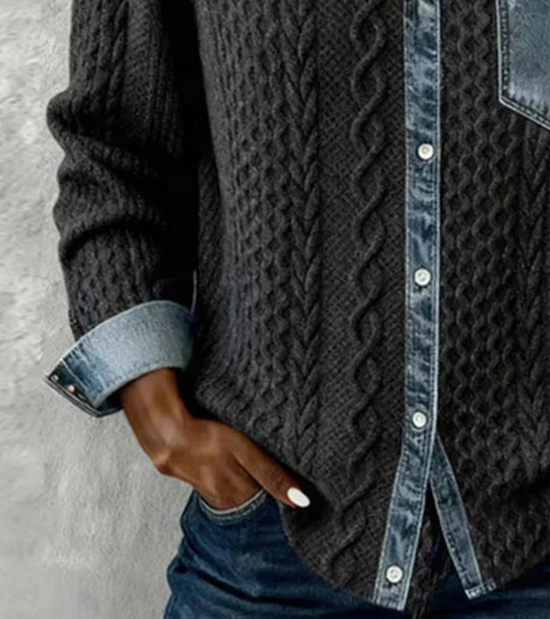 AMBER™ | Patchwork Knit Top with Denim Details