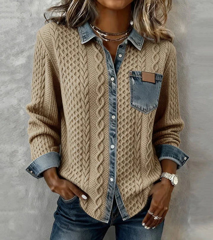 AMBER™ | Patchwork Knit Top with Denim Details