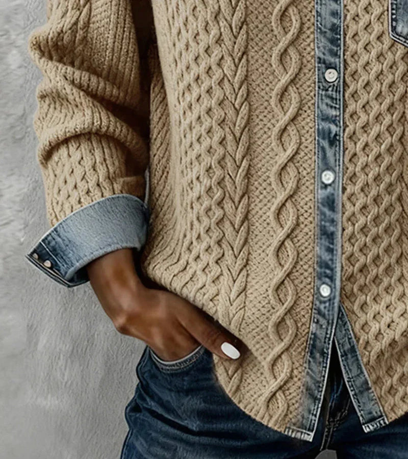 AMBER™ | Patchwork Knit Top with Denim Details