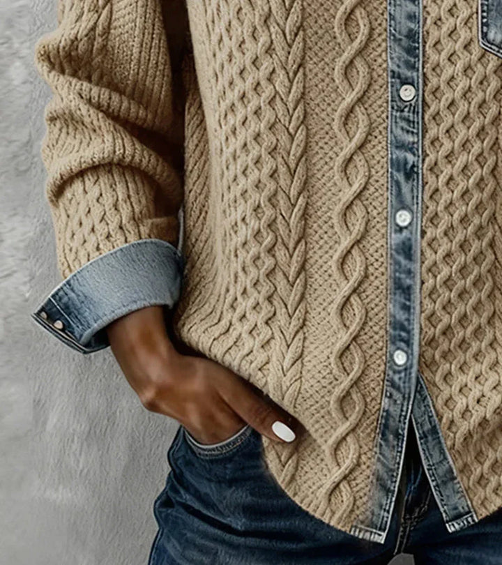 AMBER™ | Patchwork Knit Top with Denim Details